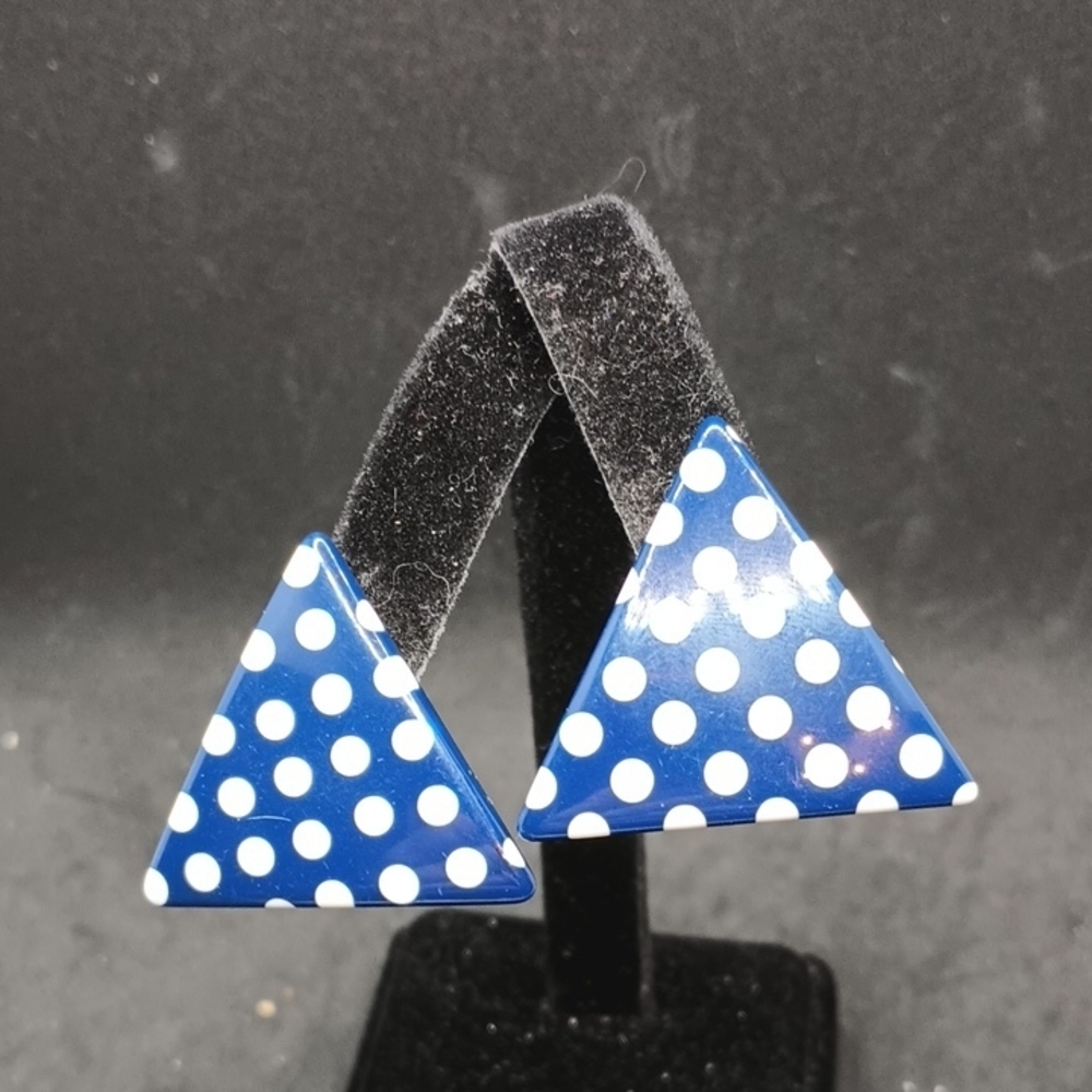 Navy Blue Polka Dot Triangle Earrings